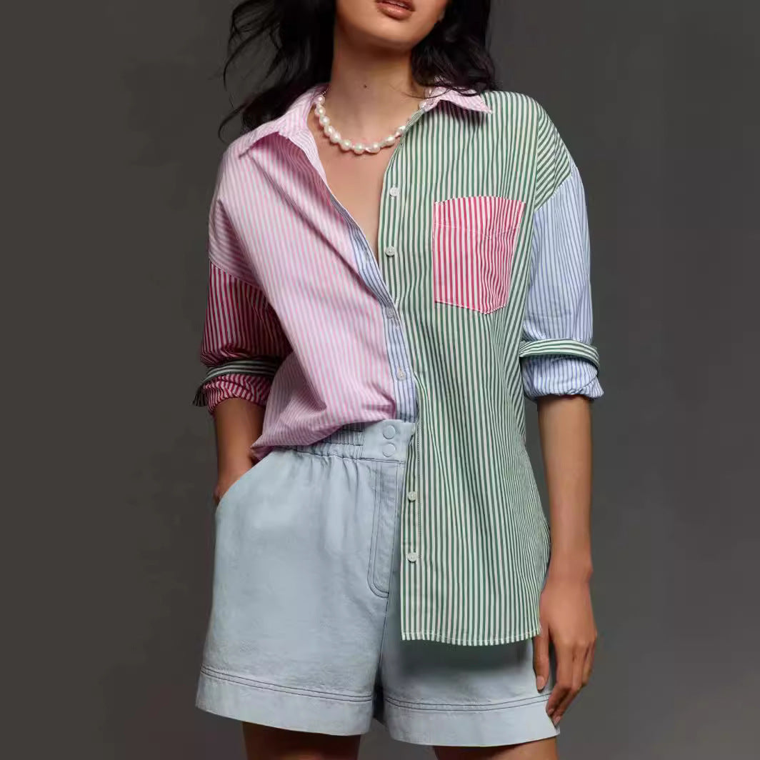Damen Patchwork-gestreifte Oversize-Hemdbluse mit Brusttasche – Avérine
