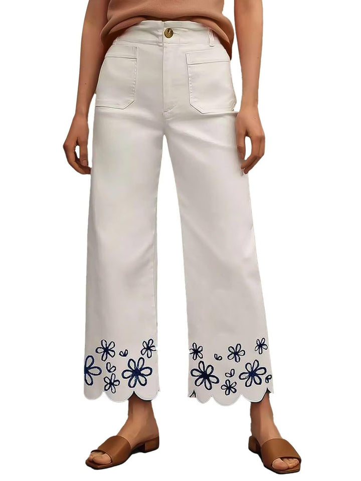 Damen Weite Culotte-Jeans mit gesticktem Blumenmuster Echo Archiv