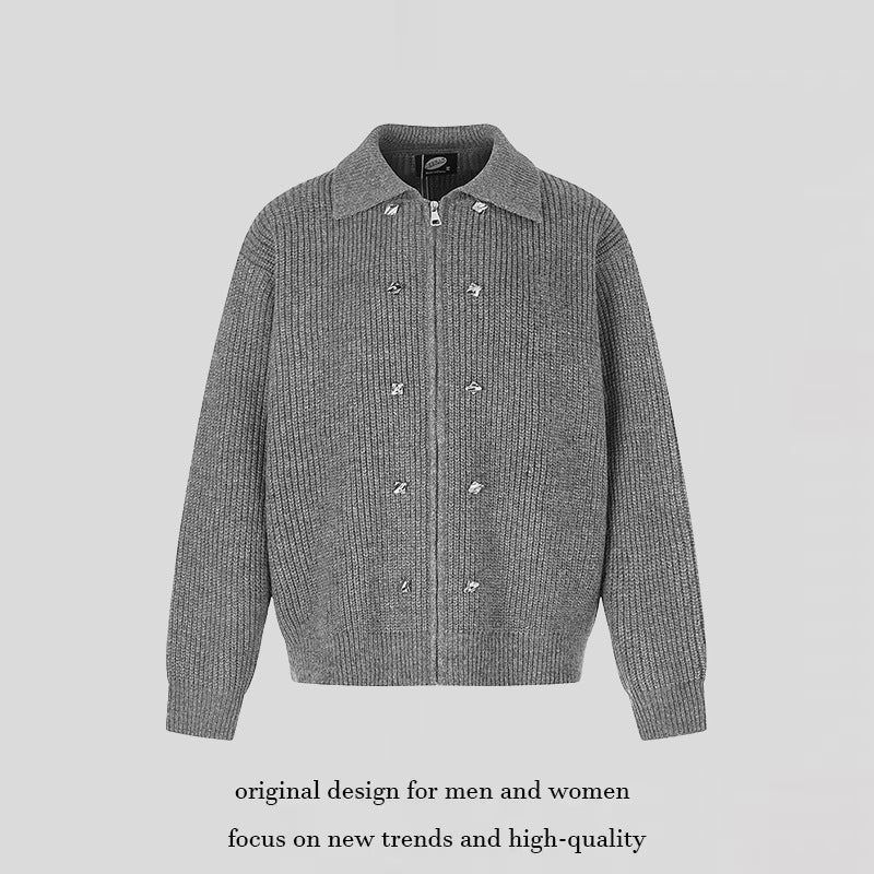 Damen Grobstrick-Zipjacke mit Hemdkragen und Zierknöpfen Echoarchiv