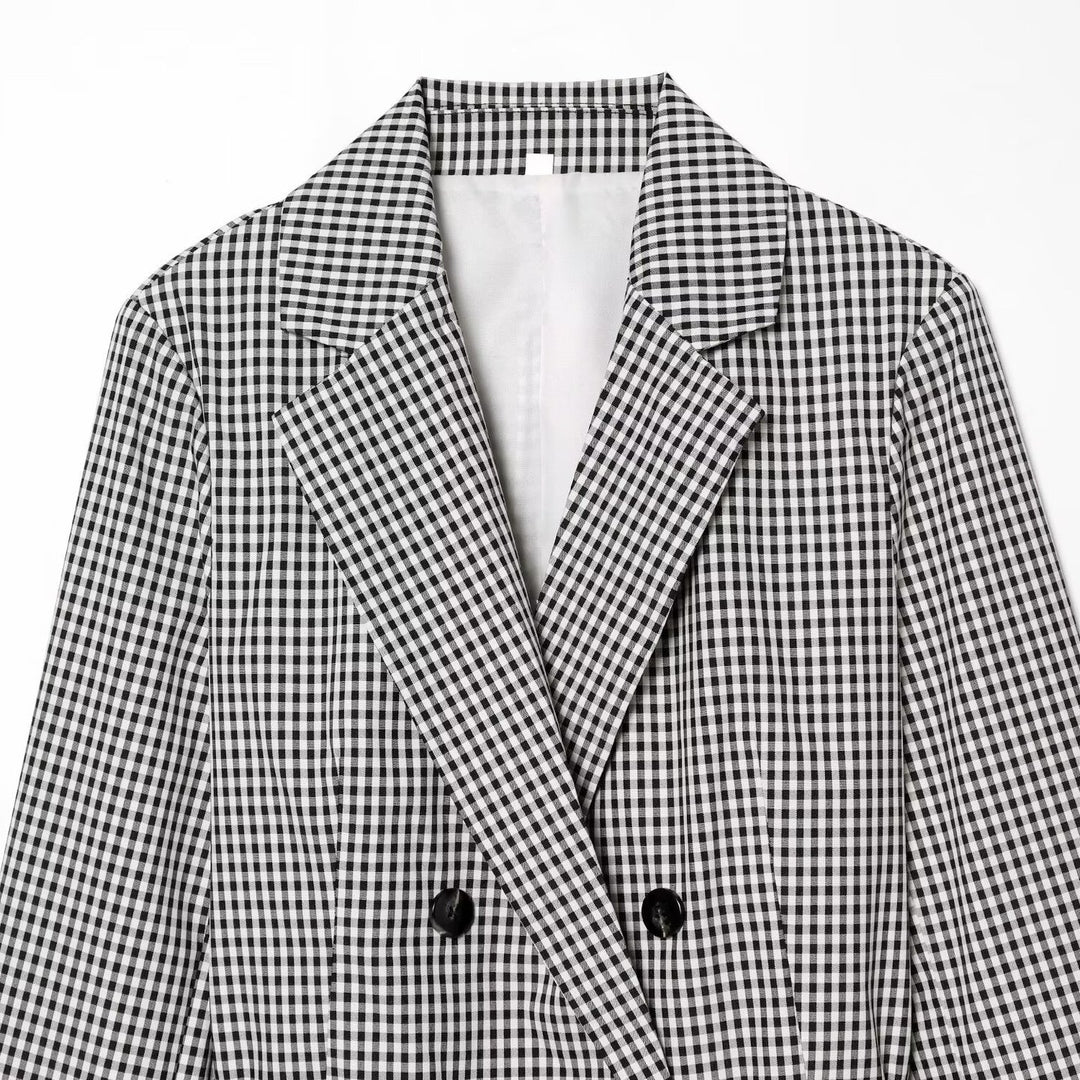 Damen Karo-Cropped-Blazer mit doppelreihiger Knopfleiste und Tunnelzugbindegürtel Echo Archiv