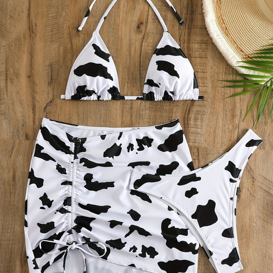 Damen Triangel-Bikini mit verstellbarem Rock und einzigartigem Kuhmuster Echo Archiv