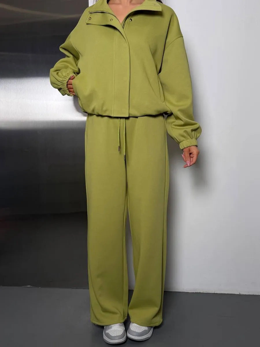 Damen gekürztes Reißverschluss-Hoodie mit Stehkragen und hochgeschnittener Kordel-Jogginghose – Auréline