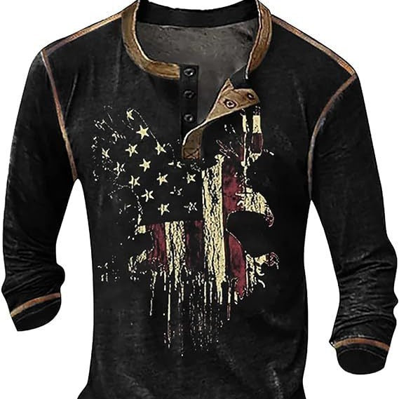 Herren Langarmshirt mit künstlerischem Grafikdruck und praktischem Knopfverschluss Echoarchiv