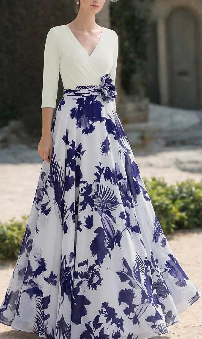 Damen Florales Maxikleid mit Wickeloberteil, dreiviertel-Ärmeln und ausgestelltem Rock – Orélia