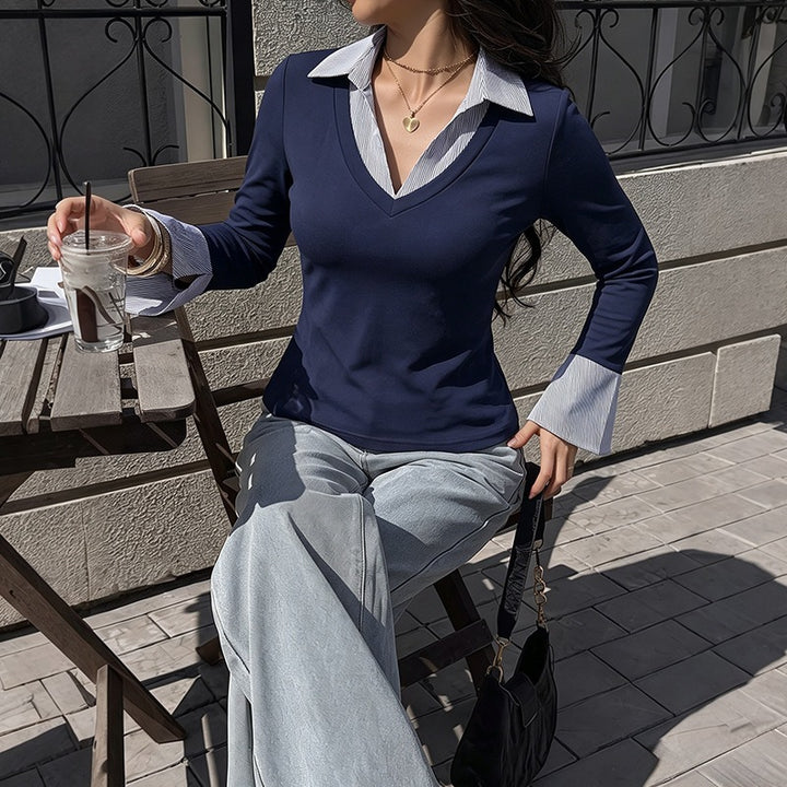 Damen Elegantes Longsleeve-Oberteil mit Hemdkragen Echo Archiv