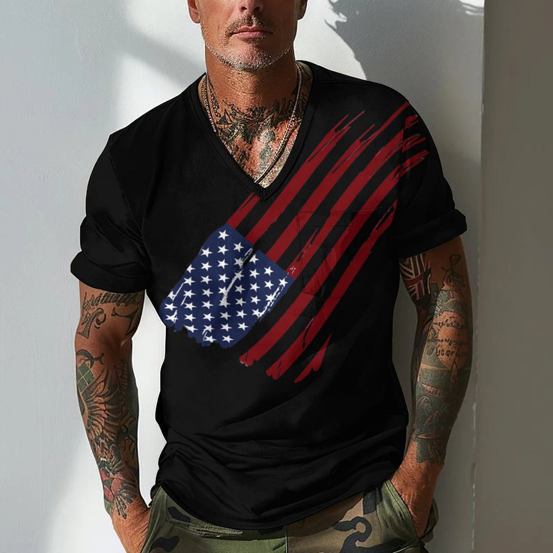 Herren V-Ausschnitt T-Shirt mit kreativem Flaggenmotiv Echoarchiv