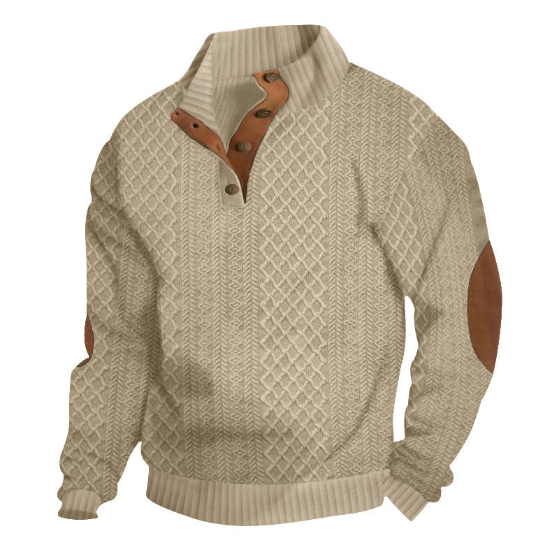 Herren Strukturierter Aran-Strickpullover mit halbem Knopfleistenkragen und Leder-Ellbogenpatches Echoarchiv