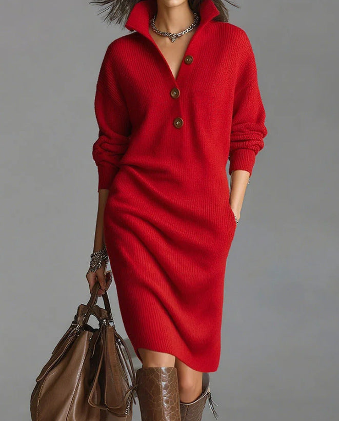 Damen nan gestricktes Pulloverkleid mit Polokragen, Eingrifftaschen und lässiger Passform Echo Archiv