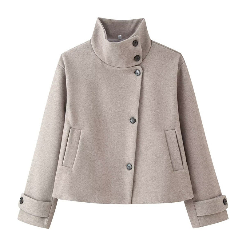 Damen kurze Boxy-Wolljacke mit Stehkragen und Manschetten Echo Archiv