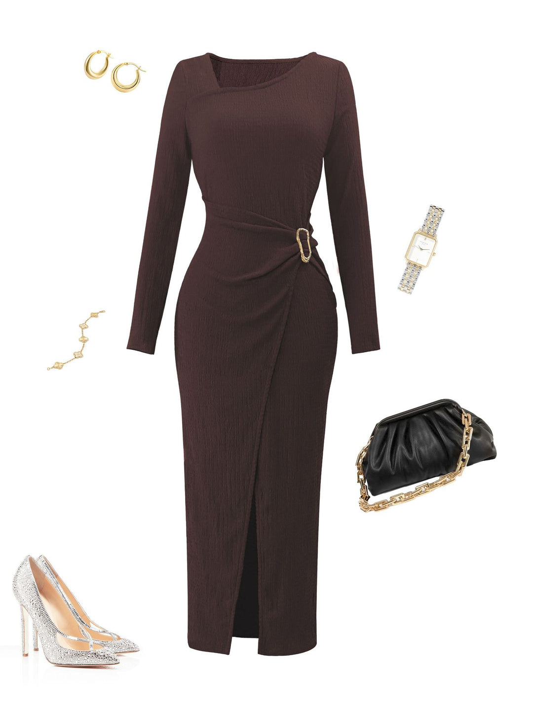 Damen asymmetrisches Wickel-Midikleid mit Ziergürtel, Drapierung und hohem Beinschlitz – Élara