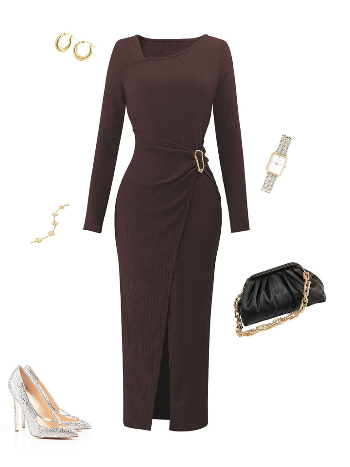 Damen asymmetrisches Wickel-Midikleid mit Ziergürtel, Drapierung und hohem Beinschlitz – Élara