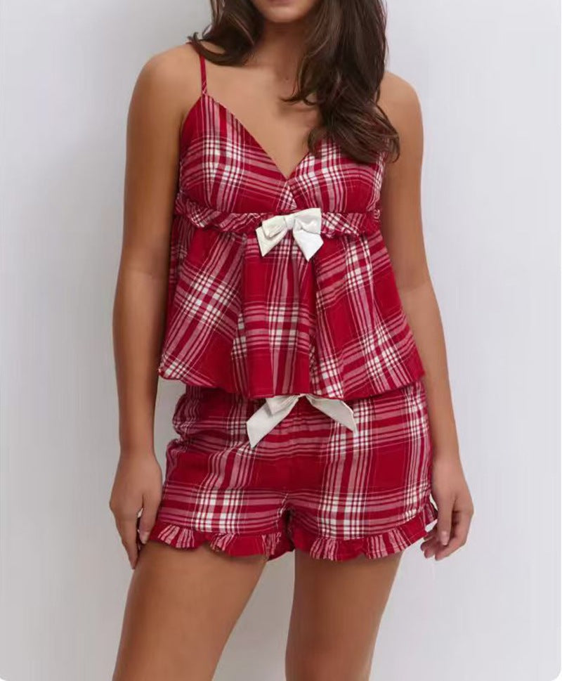 Damen nan lässiges Schlafanzug-Set mit gerafftem Camisole-Oberteil, Rüschenunterbrust und Hose mit Gummibund Echo Archiv