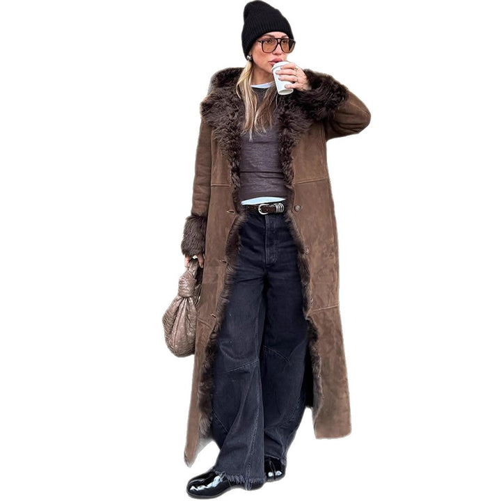 Damen Maxilanger Kunstvelours-Mantel im Shearling-Stil mit Schalkragen und Knopfleiste Echoarchiv