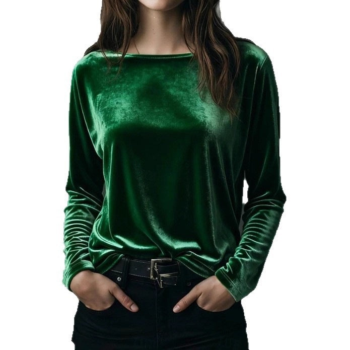 Damen Feines Velours-Langarmshirt mit U-Boot-Ausschnitt und kastiger Silhouette Echoarchiv