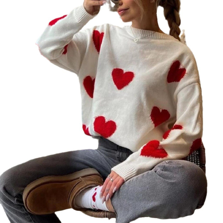Damen Oversize Rundhalspullover mit Herz-Jacquard und gerippten Säumen – Mavelle