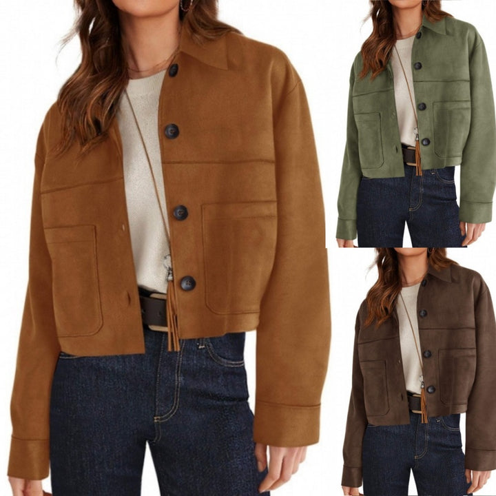 Damen kurze Wildleder-Optik Jacke mit aufgesetzten Taschen und Hemdkragen Echo Archiv