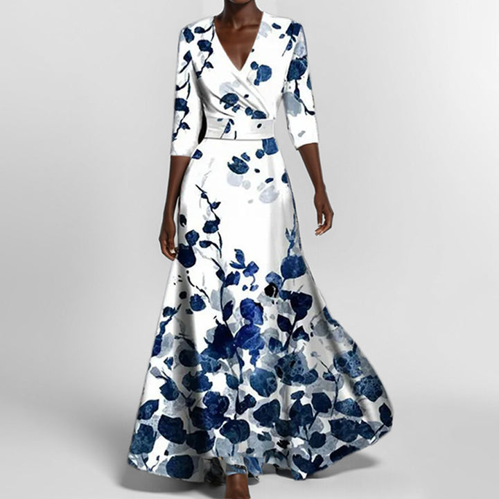 Damen Maxikleid mit Wickeloberteil, Taillengürtel und fließendem Satinrock – Valéora