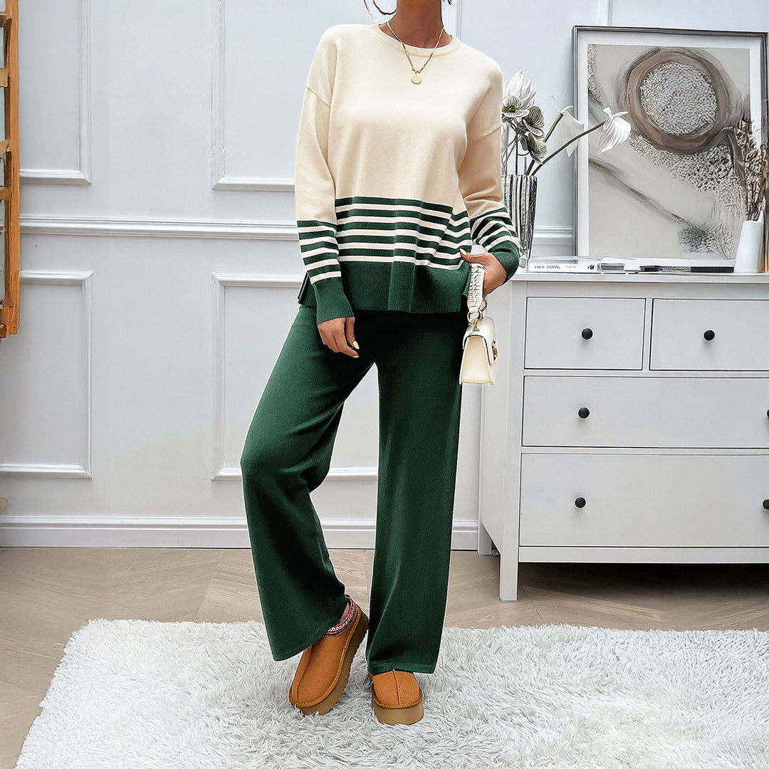 Damen nan lässiges Strick-Lounge-Set mit gestreiftem Rundhals-Pullover, Raglanärmeln und weiten taillenhohen Hosen Echo Archiv