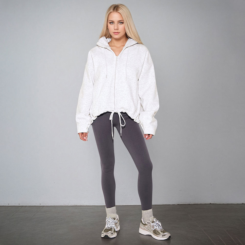 Damen oversized Kapuzenjacke mit Reißverschluss, Tunnelzug-Saum und Kängurutaschen – Auréline