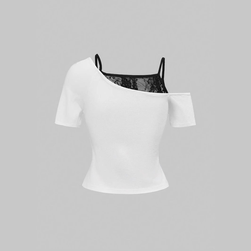 Damen Raffiniertes grafisches T-Shirt mit Spitzenunterlayer Echo Archiv