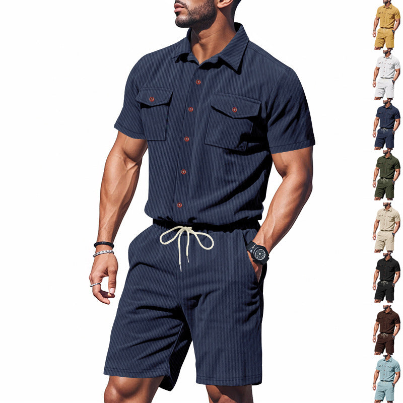 Herren modisches Kurzarmhemd und Shorts-Set mit praktischen Taschen Echoarchiv
