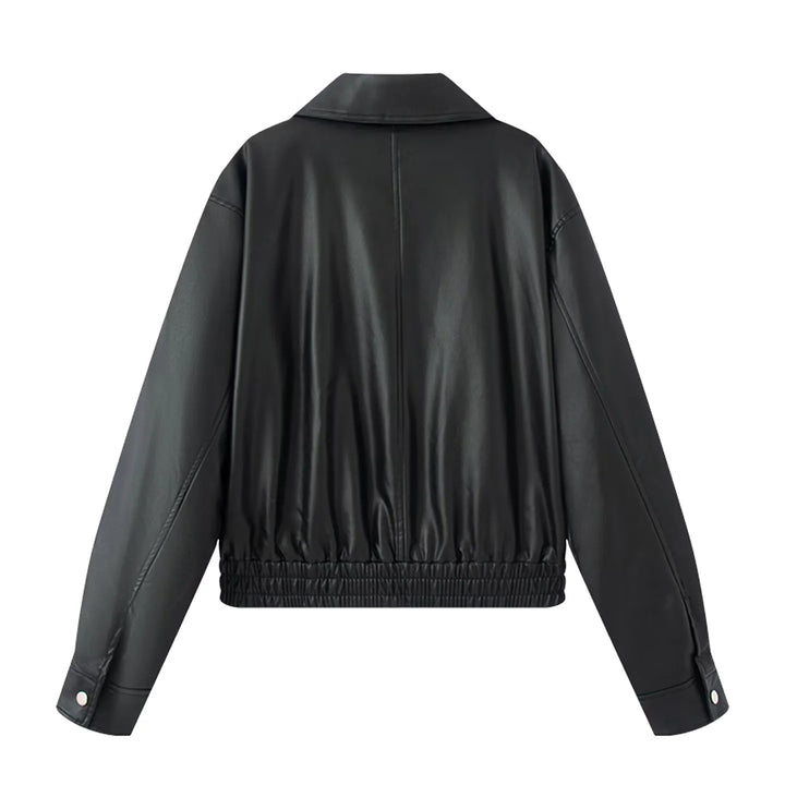 Damen nan Oversize Kunstlederjacke im Bomberstil mit Hemdkragen, kontrastierender Materialoptik und elastischem Saum Echo Archiv