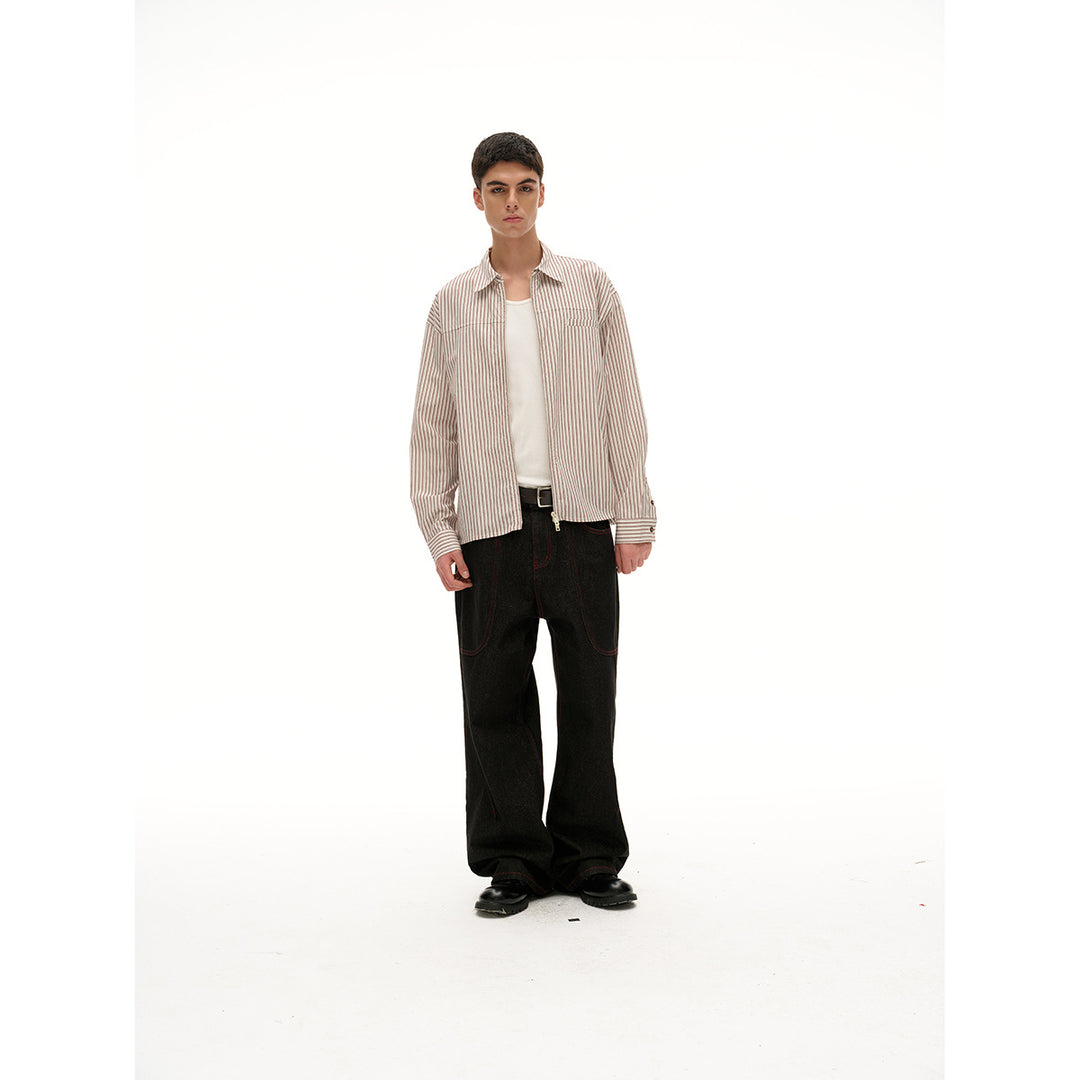 Unisex Leichte gestreifte Hemdjacke mit durchgehendem Reißverschluss und Brustpaspeltasche Echoarchiv