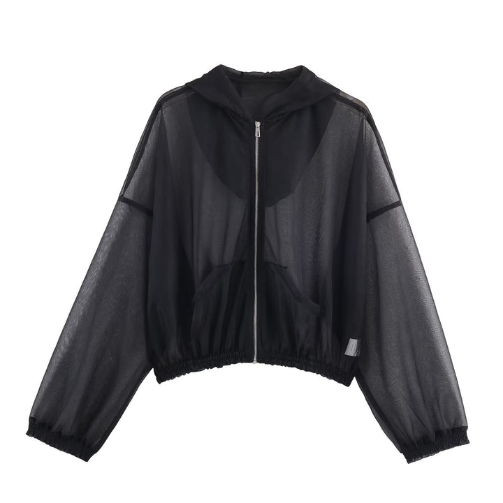 Damen Transparente Mesh-Trainingsjacke mit Kapuze, durchgehendem Reißverschluss und elastischem Saum Echo Archiv