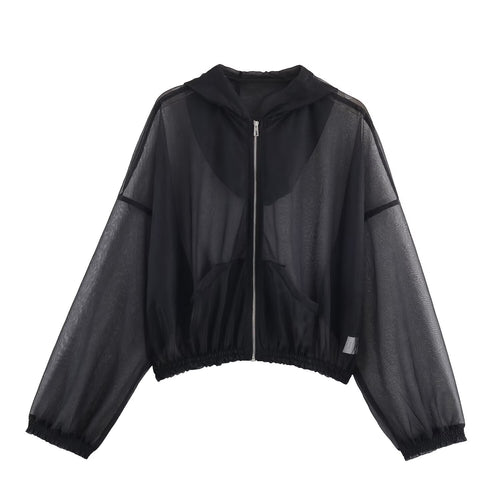 Damen Transparente Mesh-Trainingsjacke mit Kapuze, durchgehendem Reißverschluss und elastischem Saum Echo Archiv