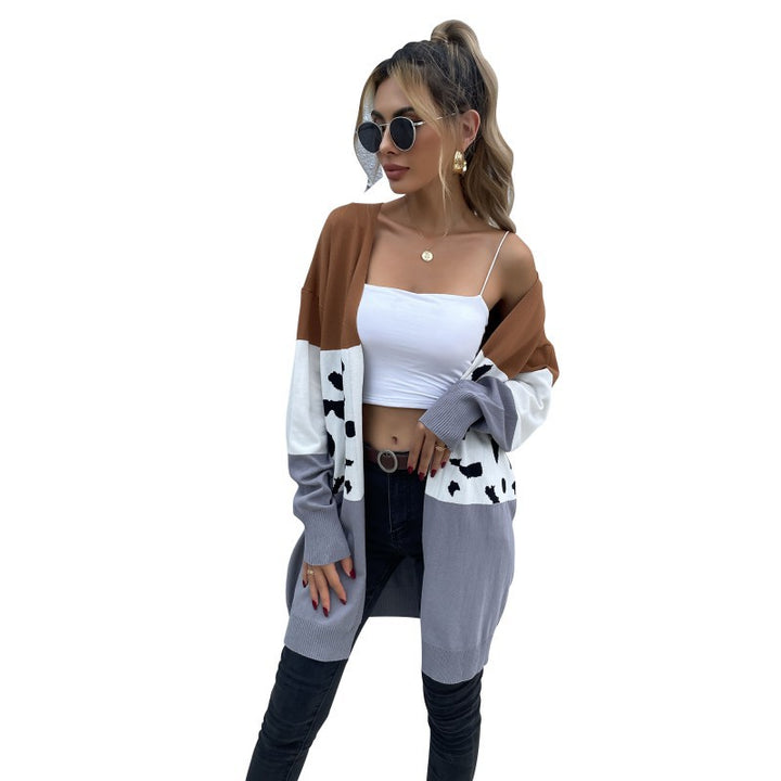 Damen Offene Longcardigan im Blockdesign mit Animal‑Intarsien und gerippten Abschlüssen Echoarchiv