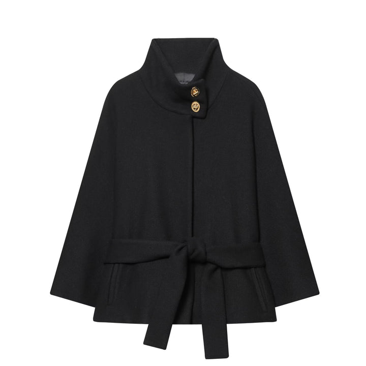 Damen Kurzes Cape‑Mantel mit Stehkragen, Taillengürtel und Zierknöpfen Echoarchiv
