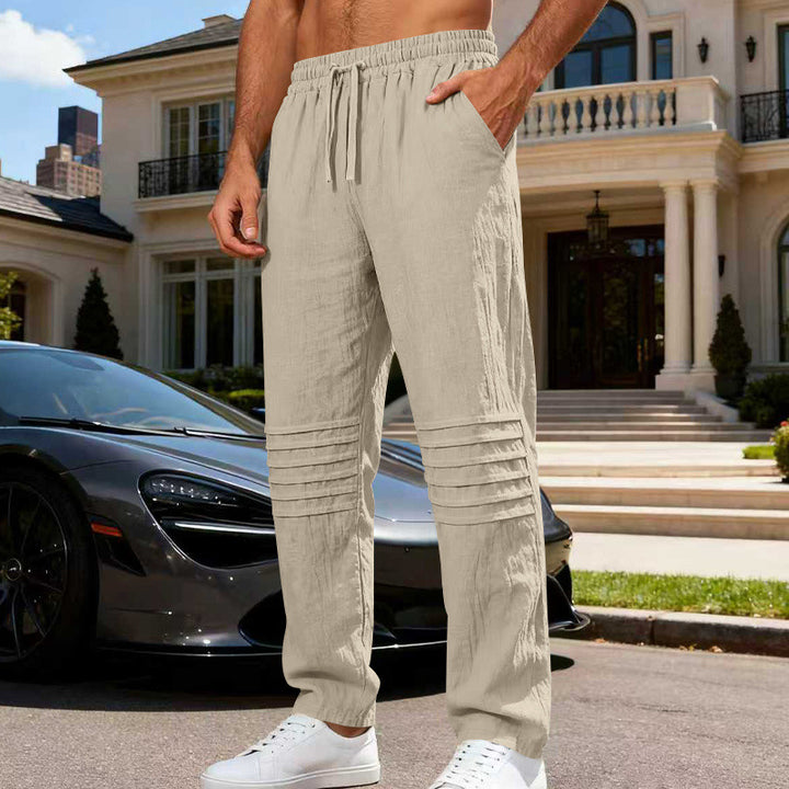 Herren Leinenoptik-Loungehose mit Tunnelzug elastischem Bund und abgesteppten Kniepanelen – Sorevano
