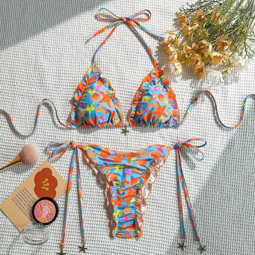 Damen fröhlicher Blumenmuster-Bikini mit Rüschen Echo Archiv