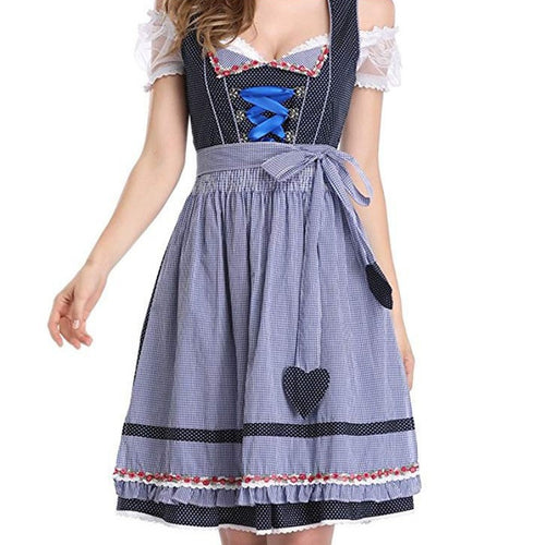 Damen nan alpines Midi-Trachtenkleid mit geschnürtem Mieder, Kurzbluse und dekorativer Herzschürze Echo Archiv