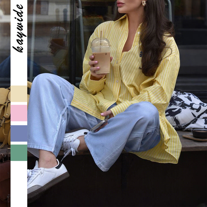 Damen oversized gestreifte Hemdbluse mit verlängertem Rückteil und extraweiten Manschetten – Maréline