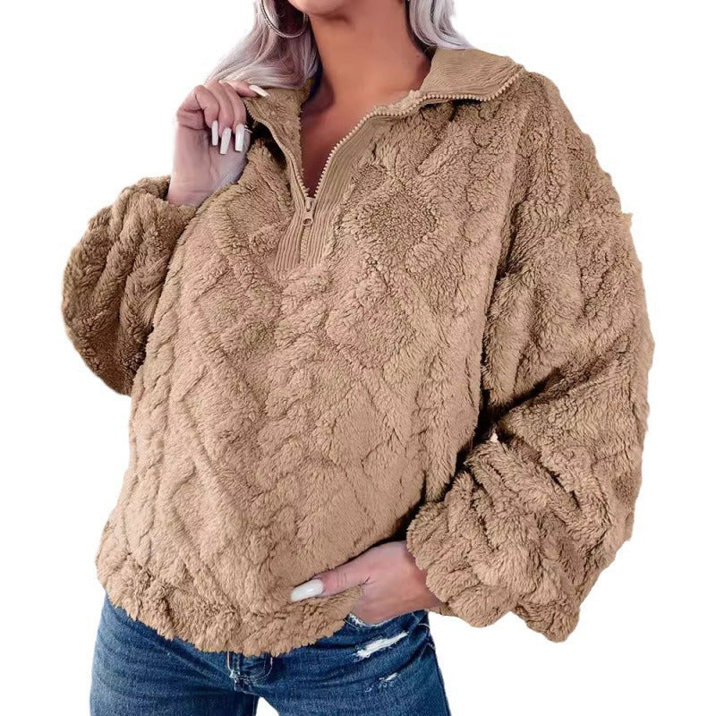 Damen Plüschpullover im Teddy-Look mit halbem Reißverschluss und strukturierter Rautenoptik Echo Archiv