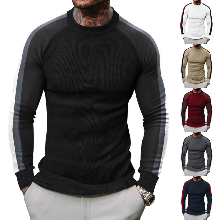 Herren sportlicher Strickpullover mit kontrastierenden Ärmeln und hohem Kragen Echoarchiv
