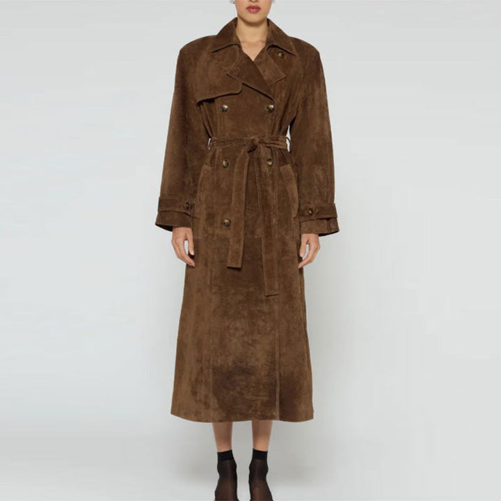 Damen Eleganter Wildleder-Trenchcoat mit tailliertem Schnitt und abnehmbaren Gürtel Echoarchiv