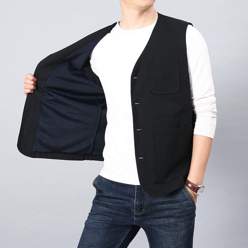 Unisex Canvas-Utility-Weste mit gestreiftem Innenfutter, aufgesetzten Taschen und Knopfverschluss – Marzano