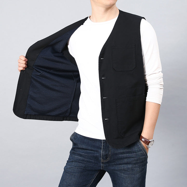 Unisex Canvas-Utility-Weste mit gestreiftem Innenfutter, aufgesetzten Taschen und Knopfverschluss – Marzano