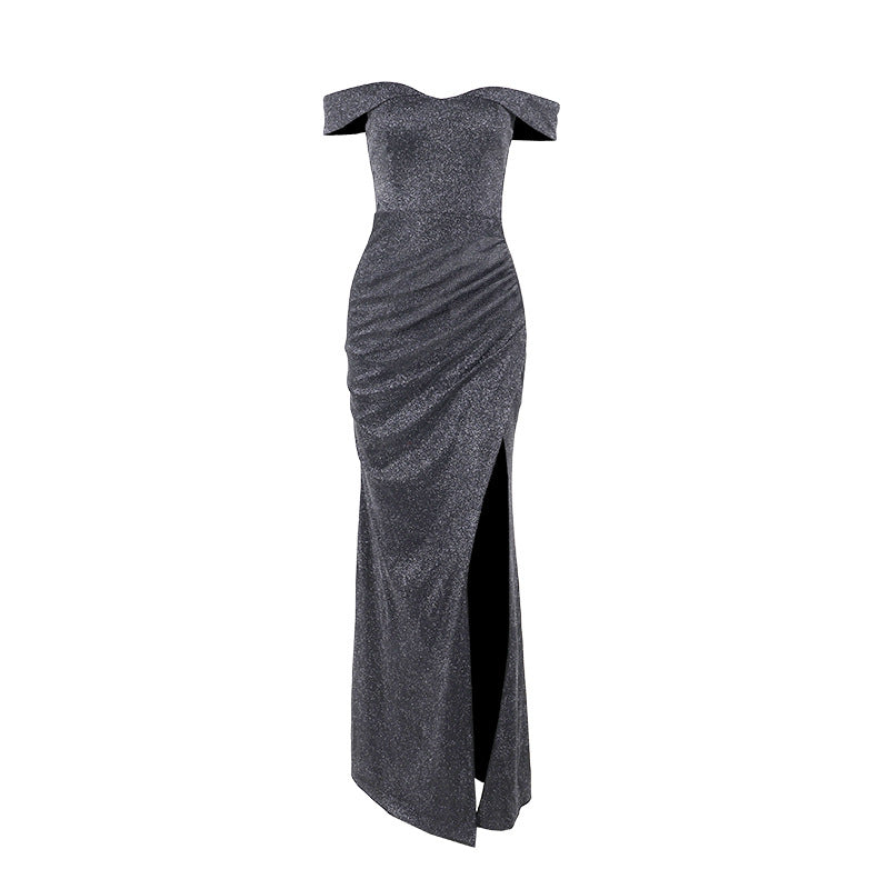 Damen schulterfreies Maxikleid mit elegantem Schlitz und glitzerndem Stoff Echo Archiv