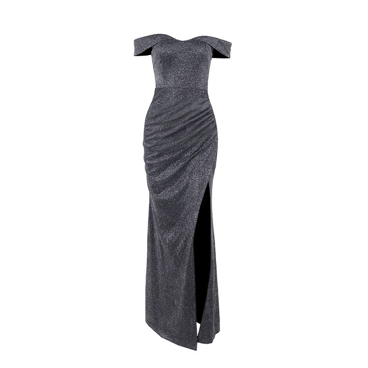 Damen schulterfreies Maxikleid mit elegantem Schlitz und glitzerndem Stoff Echo Archiv