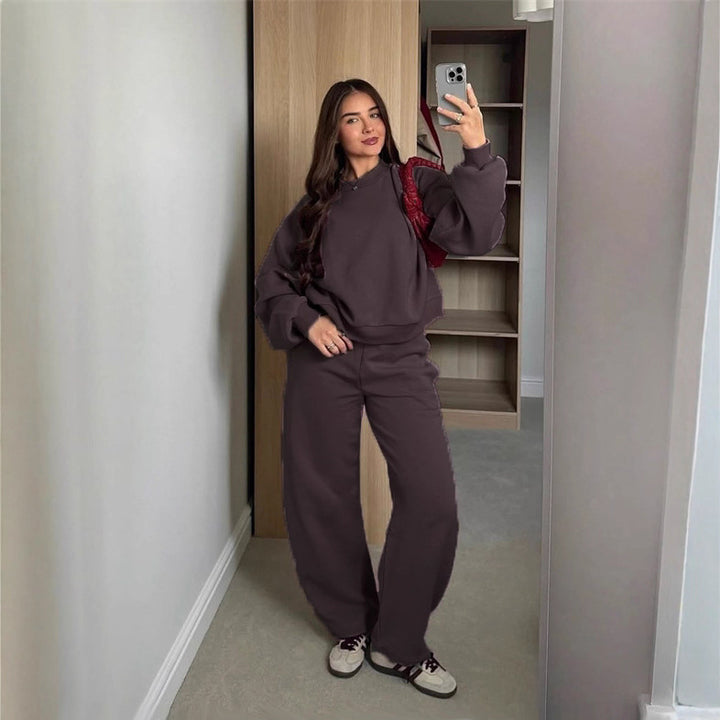Damen Cropped-Sweatshirt mit hohem Rundhalsausschnitt und elastischer Tunnelzug Wide-Leg Jogginghose Set – Avérine
