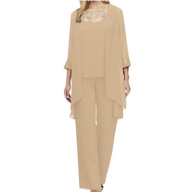 Damen nan fließendes Chiffon-Abendensemble mit Spitzenbesatz, Kimono-Cardigan und weiter Palazzohose Echo Archiv