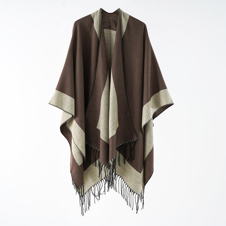 Damen Oversize-wendbarer Capeponcho aus Wollmix mit Fransen Echo Archiv