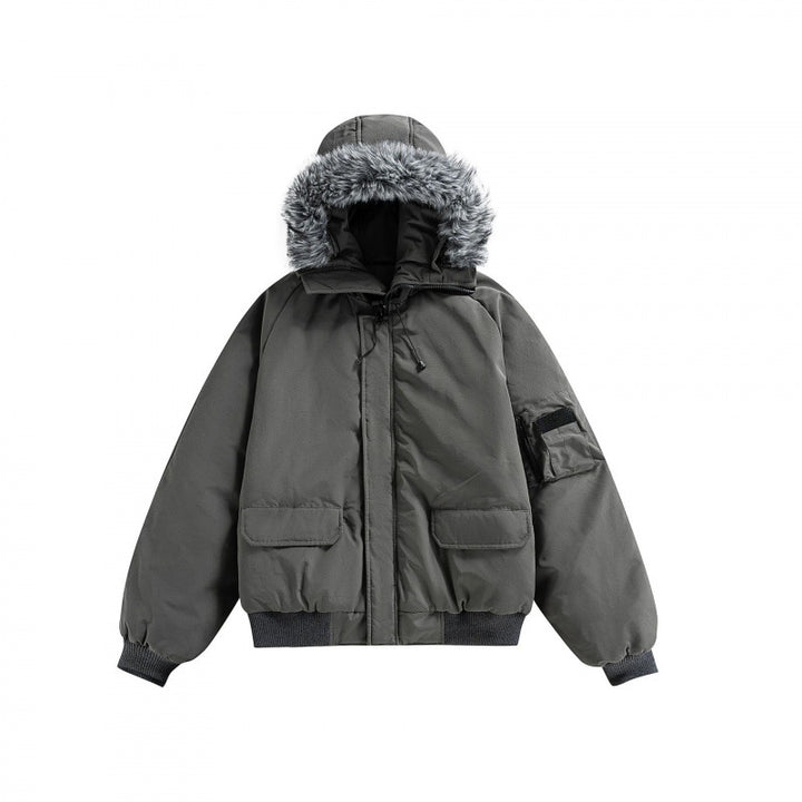 Unisex Wattierte Bomberjacke mit Kunstfellkapuze, geripptem Saum und Utility-Taschen Echo Archiv