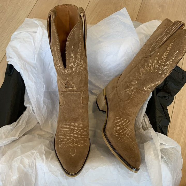 Damen nan Wildleder Westernstiefel mit spitzer Kappe und mittelhohem Blockabsatz Echo Archiv