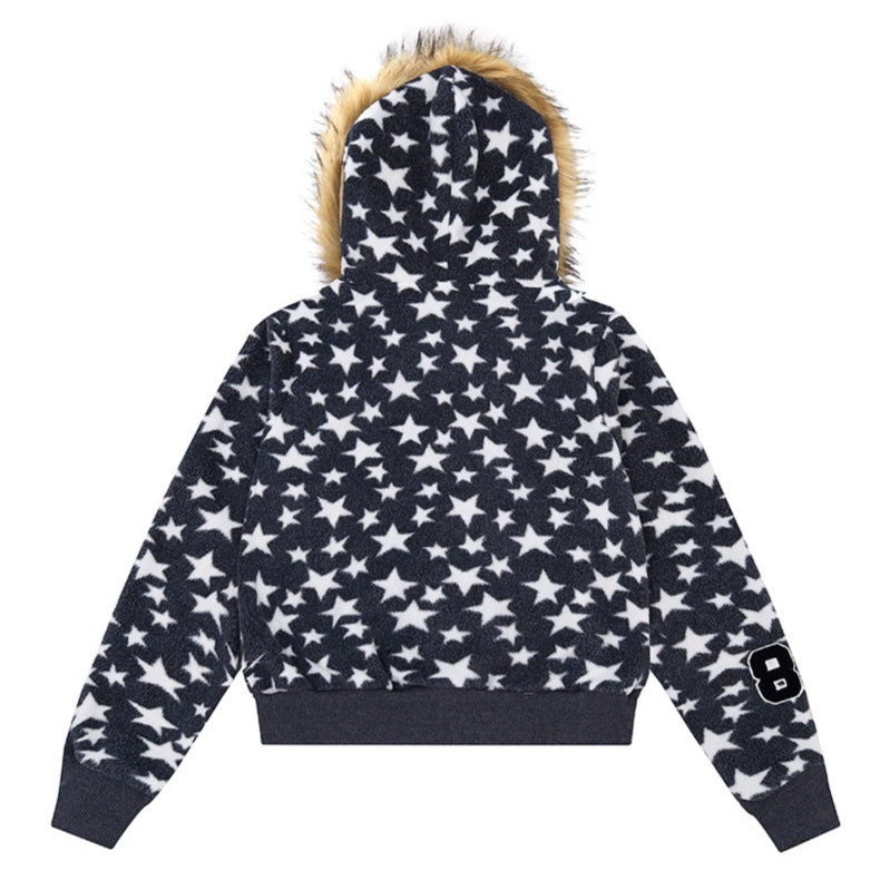 Damen Kapuzen-Sherpajacke mit Sternenprint, Reißverschluss und Kunstpelzbesatz Echoarchiv