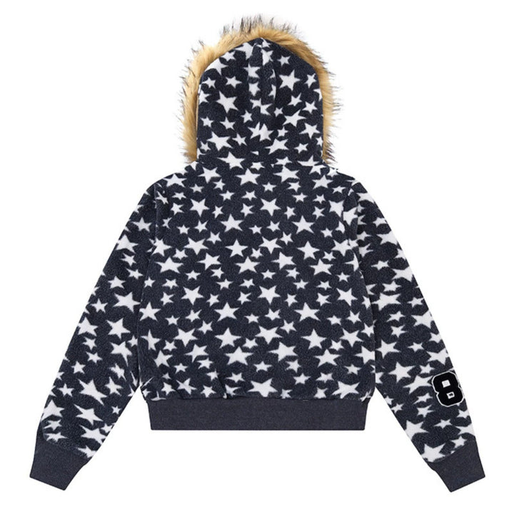 Damen Kapuzen-Sherpajacke mit Sternenprint, Reißverschluss und Kunstpelzbesatz Echoarchiv