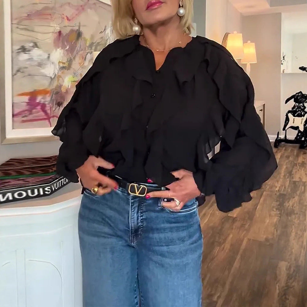 Damen nan semitransparente Lagenvolant-Bluse aus Chiffon mit Ballonärmeln und verdeckter Knopfleiste Echo Archiv
